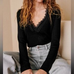Sezane Black 100% Merino Wool Abigael Sweater with Lace V-Neck Detail XS